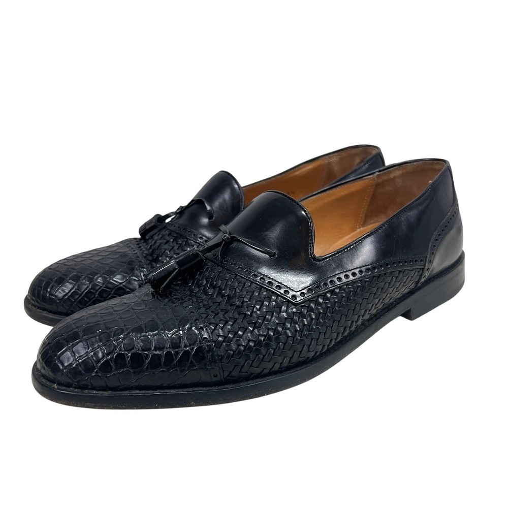 Mezlan Carmel Crocodile Leather Tassel Loafers Black Woven Embossed 10.5 Mens